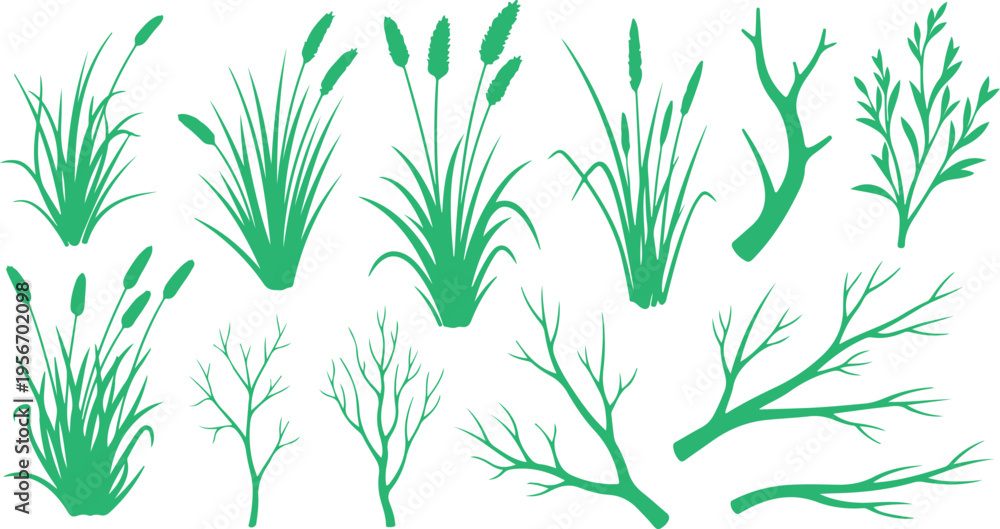 Fototapeta premium Botanical Plant Silhouette Vector Pack – Wild Grass Branch Minimal Icons