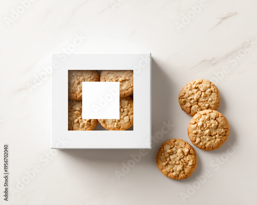 Fresh baked crumble cookies arranged in a clean box with blank label