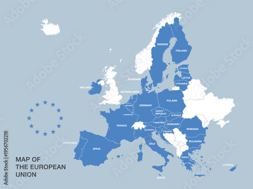 European Union map with country names and borders. Clear political map showing EU member states.