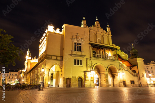 The Cloth Hall building at night in Krakow, Poland