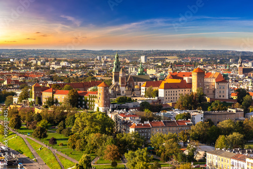 Aerial panoramic view of Krakow and Royal Wawel castle