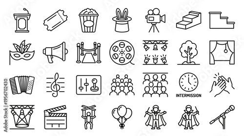 Collection of entertainment icons representing various aspects of performances, shows, and cinema, including theatrical elements, audience, and equipment
