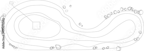 Technical landscape plan view showing curvilinear pathway or water feature with contour lines, rectangular elements and circular tree planting details.
