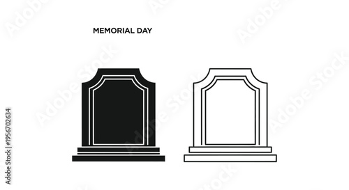 Memorial Day Gravestone Vector Icon Set: Solid Black and Outline Tombstone Design for Remembrance
