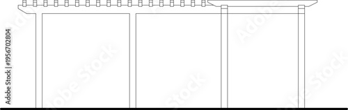 Technical architectural elevation drawing showing covered structure or pergola with vertical columns, horizontal beams and slatted roof detail at top