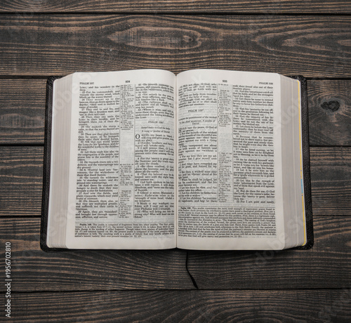 Holy bible book, top view, Bible opened to Psalm 108 and 109