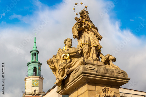 Statue of St. John of Nepomuk and Town hall in Poznan