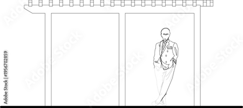 Technical architectural elevation drawing showing covered structure or pergola with vertical columns, horizontal beams, slatted roof and human figure for scale.