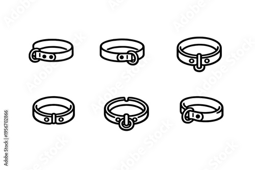 Collection of leather pet collar icons with metal buckles and rings for domestic animals isolated on white background