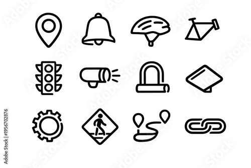 Set of cycling and transportation icons including bicycle helmet traffic light location pin and lock for urban navigation and safety