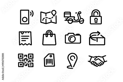 Set of delivery and e-commerce line icons including map pin scooter camera padlock qr code and handshake for business and logistics