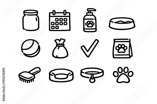 Set of hand drawn pet care icons including food bowl collar brush bed and paw print for domestic animal grooming and supplies