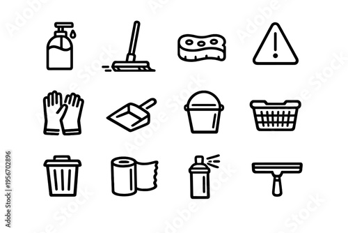 Cleaning service icons including broom bucket gloves soap dispenser trash can and sponge for housekeeping maintenance and sanitation