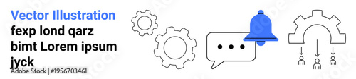 Notifications, workflow automation, communication, teamwork, interaction, online tools. Gear, bell and speech bubble icons. Notifications and workflow automation concepts