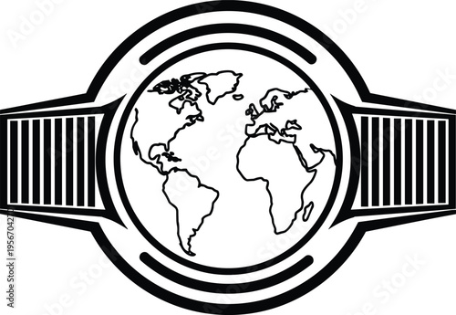 Black and white world globe emblem vector illustration featuring a circular earth map design with championship belt style side wings isolated on white background