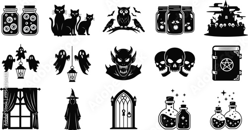 Collection of spooky Halloween black silhouette icons featuring ghosts skulls black cats witches potions and gothic elements isolated on white background for holiday design