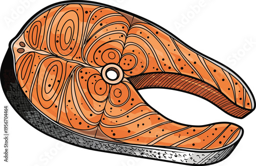 Detailed vector illustration of a fresh salmon steak slice with textured orange flesh and scales isolated on white background for seafood menu design