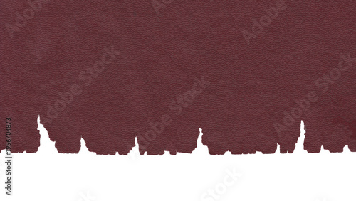 Vászonkép Detailed deep wine burgundy red synthetic leather surface texture with irregular torn bottom edges revealing fabric layer underneath on a transparent background
