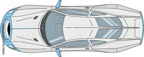 Top view vector illustration of a modern white super car featuring blue accents and a sleek aerodynamic design isolated on white background for automotive