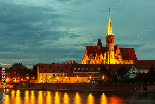 Collegiate Church and cityscape of Wroclaw at night, Poland