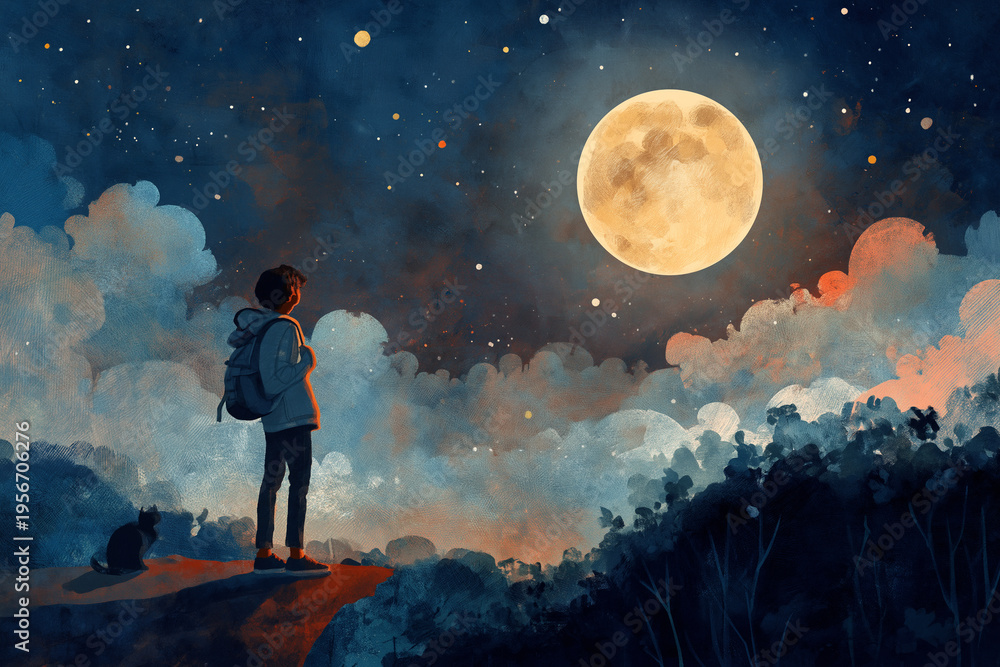Obraz premium 静かな水辺と幻想的な空が広がるスピリチュアルな自然風景のイラスト、心を癒す穏やかな雰囲気と神秘性を兼ね備えた表現、瞑想やヒーリング用途に最適なビジュアル素材