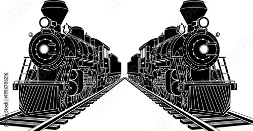 Two black train locomotives facing each other on parallel railway tracks engine railroad
