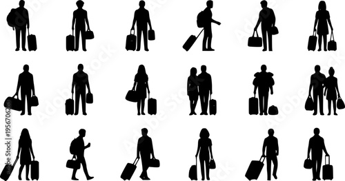 Silhouette of a diverse group of people with luggage on a white background Keywords: travel, vacation, journey, airport, luggage
