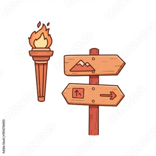 Illustrated Wooden Directional Sign with Torch on a White Background