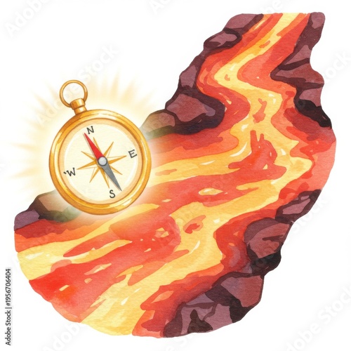 Watercolor Compass Points Direction Near Flowing Lava Stream on White Background