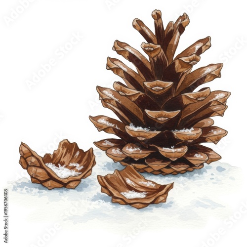 Detailed Pinecone Covered in Snow with Broken Petals on White Background