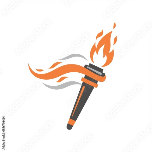 Stylized Isolated Torch with Orange Flame and Gray Smoke on White Background