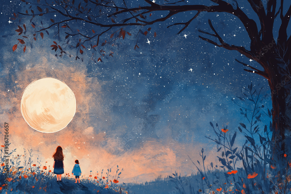Fototapeta premium 月光に照らされた幻想的な森と静寂の中に佇む人物を描いたスピリチュアルイラスト、心の浄化や癒しを象徴する神秘的な空間、瞑想や精神世界の表現に適した印象的なビジュアル素材です