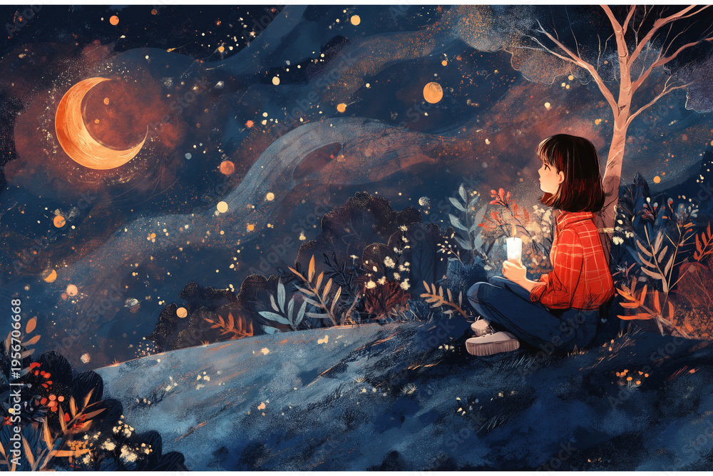 Fototapeta premium 神秘的な光に満ちた自然風景と静かな水辺が広がるスピリチュアルな世界観のイラスト、癒しと調和、内なる気づきをテーマにした幻想的なビジュアル、ヒーリングや瞑想用途に最適な素材