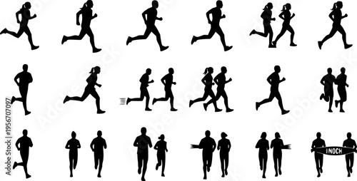 Silhouettes of Men and Women Running in Various Poses on White Background Keywords: silhouette, running, runner, athlete, sport
