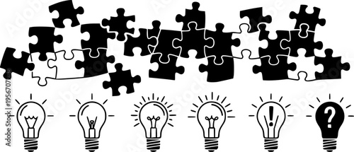 Set of puzzle and light bulb icons representing ideas and solutions

