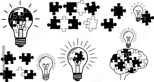 Set of puzzle and light bulb icons representing ideas and solutions
