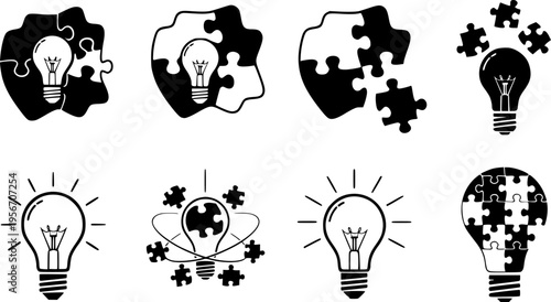Set of puzzle and light bulb icons representing ideas and solutions
