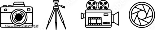 Minimalistic icon set of camera, tripod, film camera, and shutter designs
