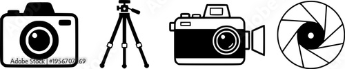 Minimalistic icon set of camera, tripod, film camera, and shutter designs

