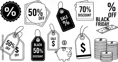 Black friday sale icons: discounts, price tags, percentages, piggy bank, savings
