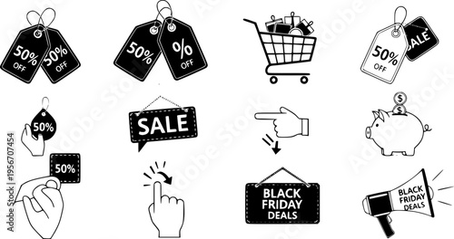 Black friday sale icons: discounts, price tags, percentages, piggy bank, savings
