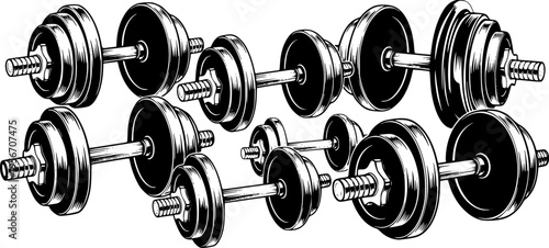 Set of dumbbells and barbells for the gym. Black icon for fitness and sports center. Barbell and dumbbells logo design. Vector illustration, EPS10.
