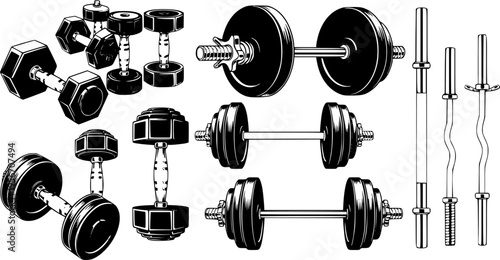 Set of dumbbells and barbells for the gym. Black icon for fitness and sports center. Barbell and dumbbells logo design. Vector illustration, EPS10.
