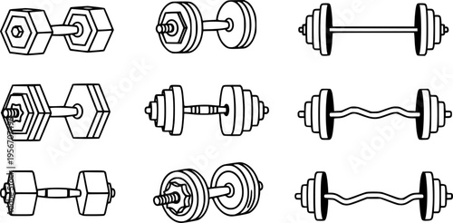 Set of dumbbells and barbells for the gym. Black icon for fitness and sports center. Barbell and dumbbells logo design. Vector illustration, EPS10.
