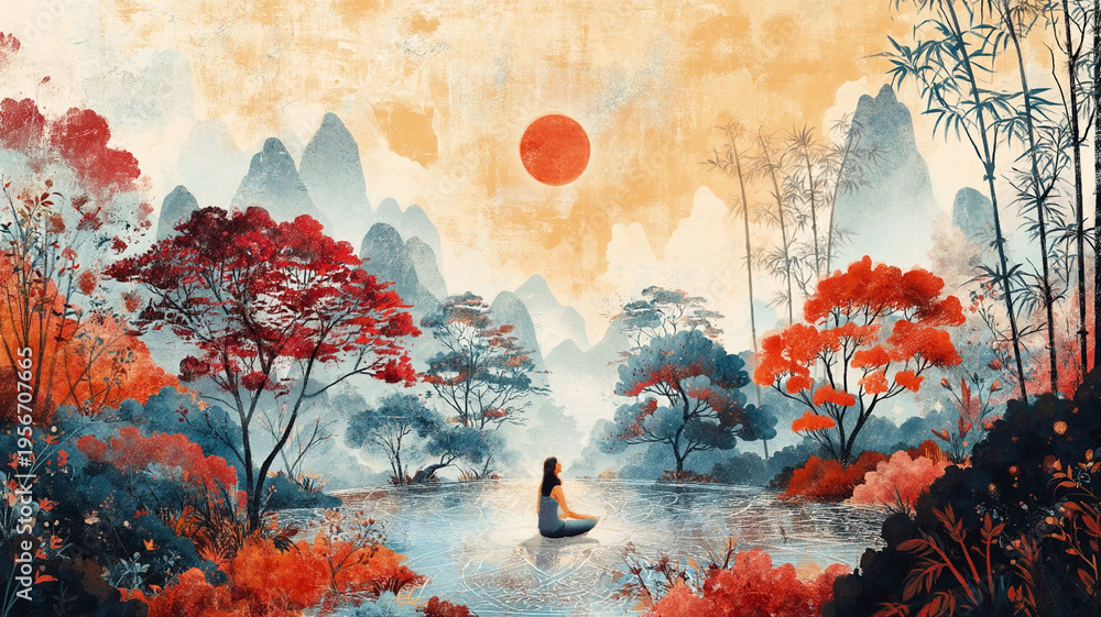 Fototapeta premium 神秘的な自然風景と静寂な空間が広がるスピリチュアルなイラスト、癒しと内面の気づきをテーマにした幻想的なビジュアル、ヒーリングや瞑想用途に最適な素材
