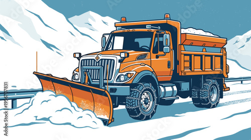 Orange and Blue Snow Plow Truck Vector Illustration on a Snowy Mountain Road, Winter Maintenance Vehicle, Detailed Retro-Style Vector Art