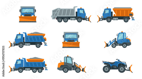 Snow Removal Vehicle Vector Icons Set - Flat Design Illustrations of Trucks, Loaders, and ATV with Snow Plow Blades for Winter Maintenance, Isolated on White