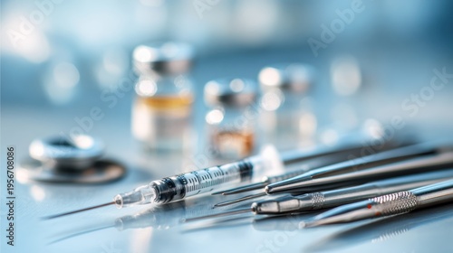Close-up View of Medical Tools Arranged on a Sterile Surface Showing Sharp Details and Soft Shadows in a Clean Setting
