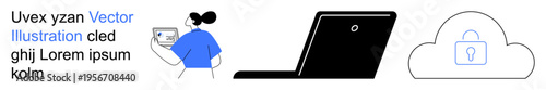 Data security, cloud storage, online privacy, secure access, encryption, digital technology. A user with a laptop and a secure cloud icon. Data security and cloud storage concepts