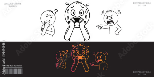 Cute Cartoon Shocked Scared Angry Poses Emotional Illustration Character Set